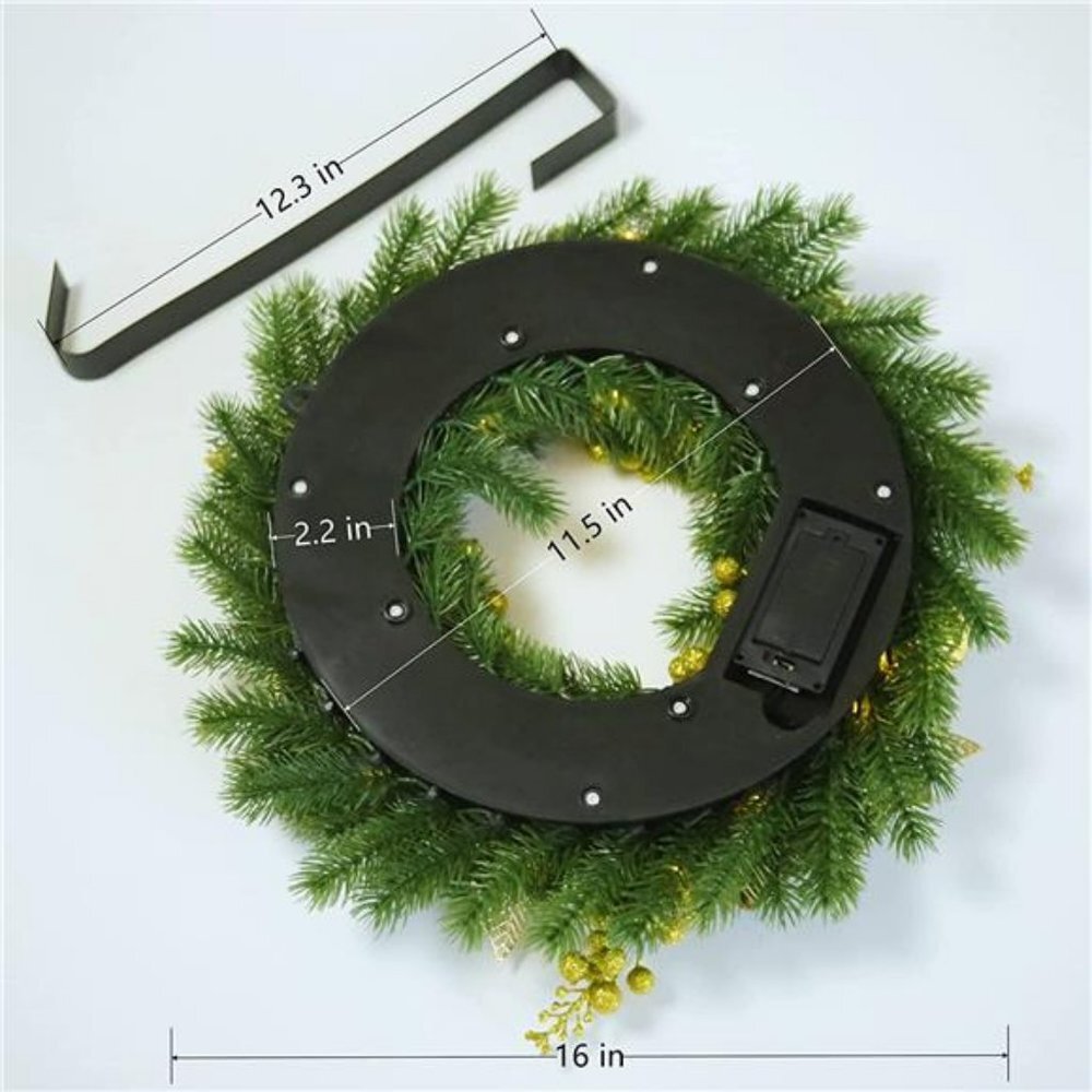 Christmas Wreath 16 Inches, with Metal Hanger, Timer, Christmas Decorations